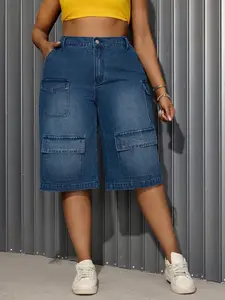 Women's Plus Size Denim Mid-Thigh Pants, New Trendy Design, Multiple Pockets, Soft Comfortable Fashion Casual Wear