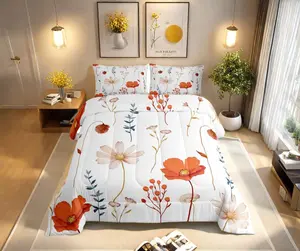 Feelyou Watercolor Flower Comforter Set - Retro Floral Orange Beige Bedding Set for Adult Women, Modern Minimalist Soft Quilted Fabric