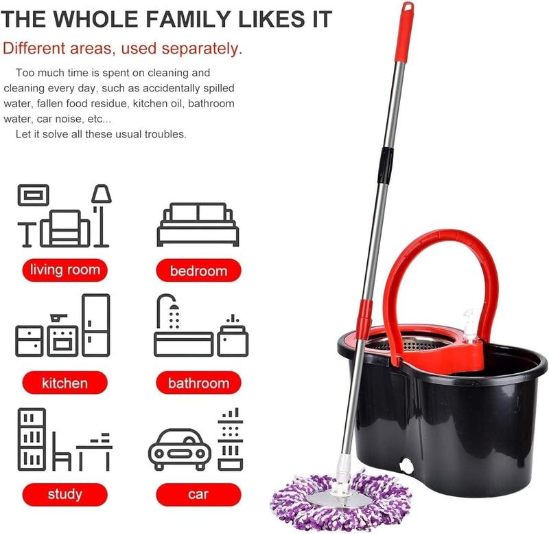 Mop Bucket Set with 360° Spin Mop and Bucket System 3 Microfiber Heads 61In Adjustable Handle for Shop Floor Cleaning