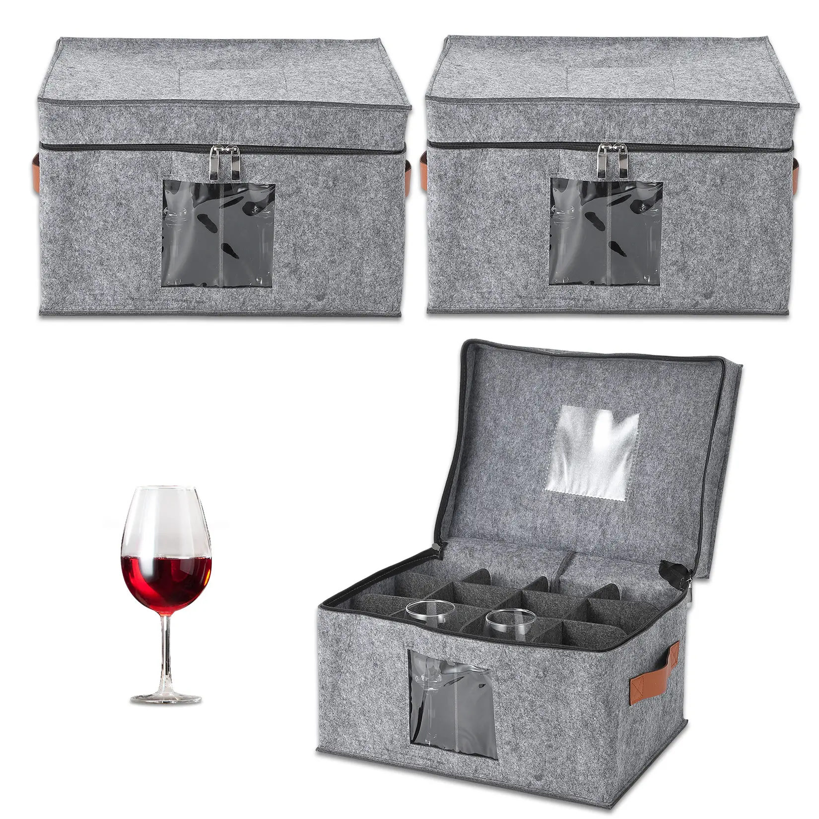 3-Pack Stemware Storage Box with Dividers - 16x11.5x10 in Large Capacity Felt Glass Holder Organizer with Lids & Handles for Wine Glasses, Champagne Flutes, Crystal Cups Moving & Protection