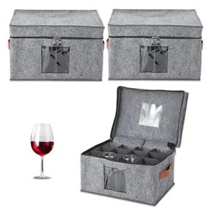 3-Pack Stemware Storage Box with Dividers - 16x11.5x10 in Large Capacity Felt Glass Holder Organizer with Lids & Handles for Wine Glasses, Champagne Flutes, Crystal Cups Moving & Protection