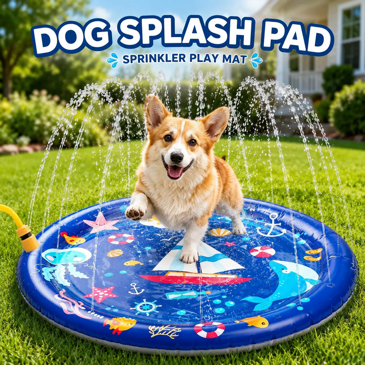 39.4-Inch Round Shape Dog Splash Pad Sprinkler, Outdoor Pet Water Play Mat with Splash Spray for Small Dogs & Puppies, Backyard Summer Outdoor Fun Cooling Toy, Nautical Theme