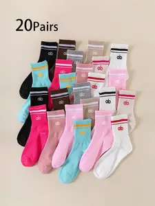 Women's Letter Fashion Mid-Calf Socks, 10/20 Pairs, Comfortable Soft Breathable Sports Socks, Casual Long Tube Socks for All Seasons