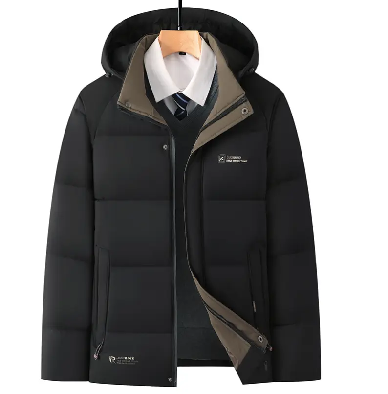 Men's Black Hooded Puffer Jacket with Built-in Shirt & Tie - Business Casual Winter Coat for Men