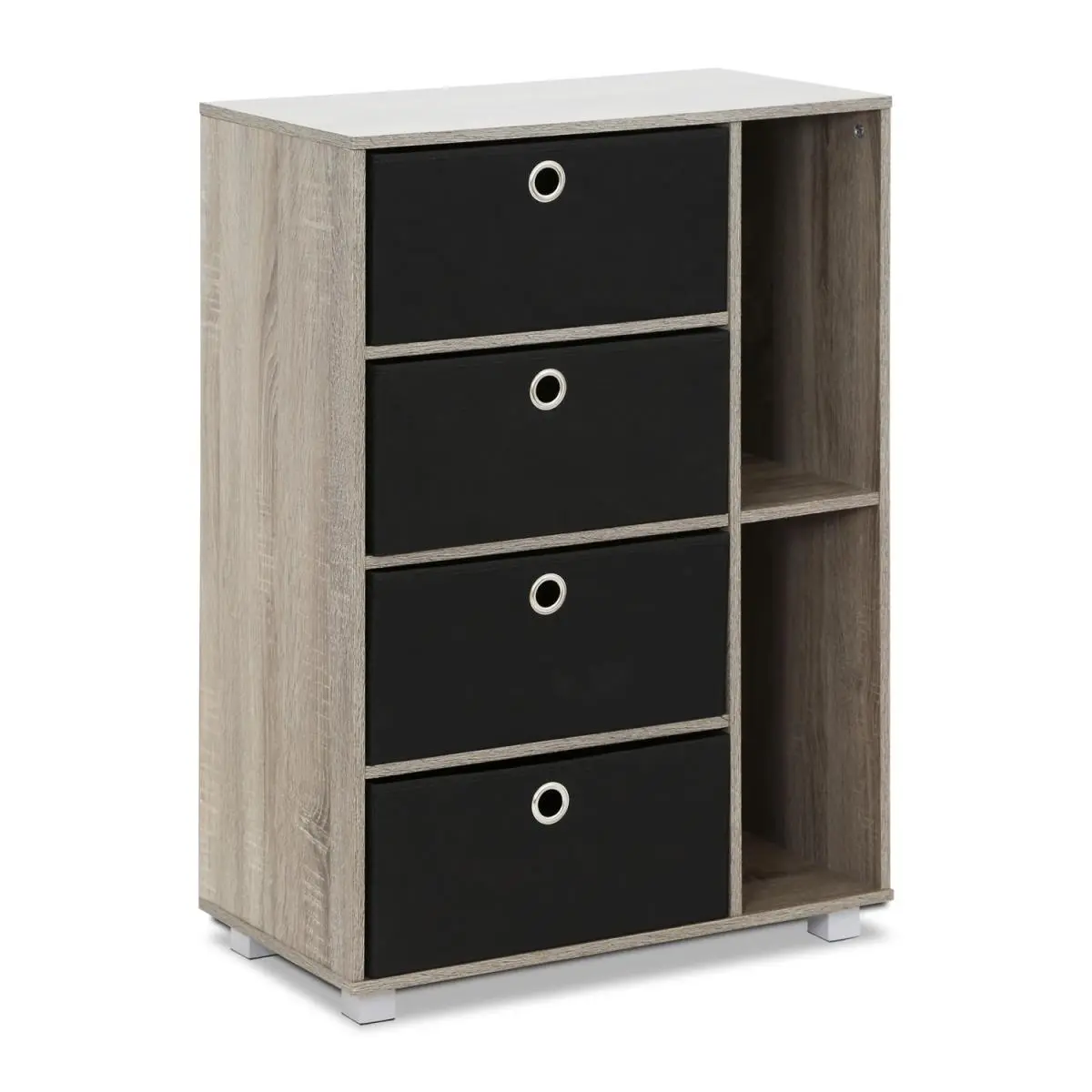 Furinno Minimalist 4-Drawer Modern Storage Cabinet - Sewing Supply Furniture Storage, 32.15 lbs Wood Stable Dresser (French Oak Grey & Black Recycled Materials, Model 11159GYW-BK)