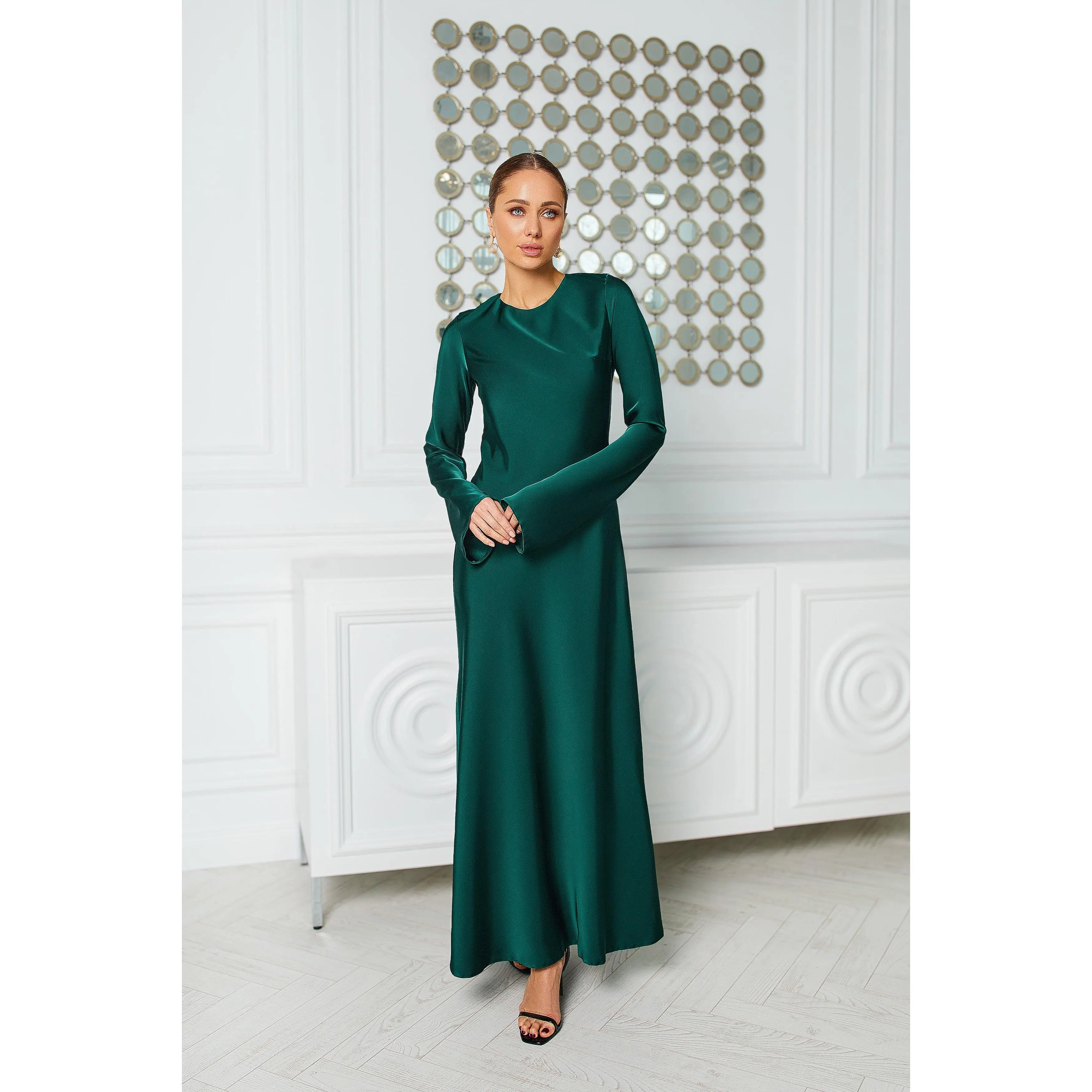 Alexa Emerald Satin Long Sleeve Maxi Dress
