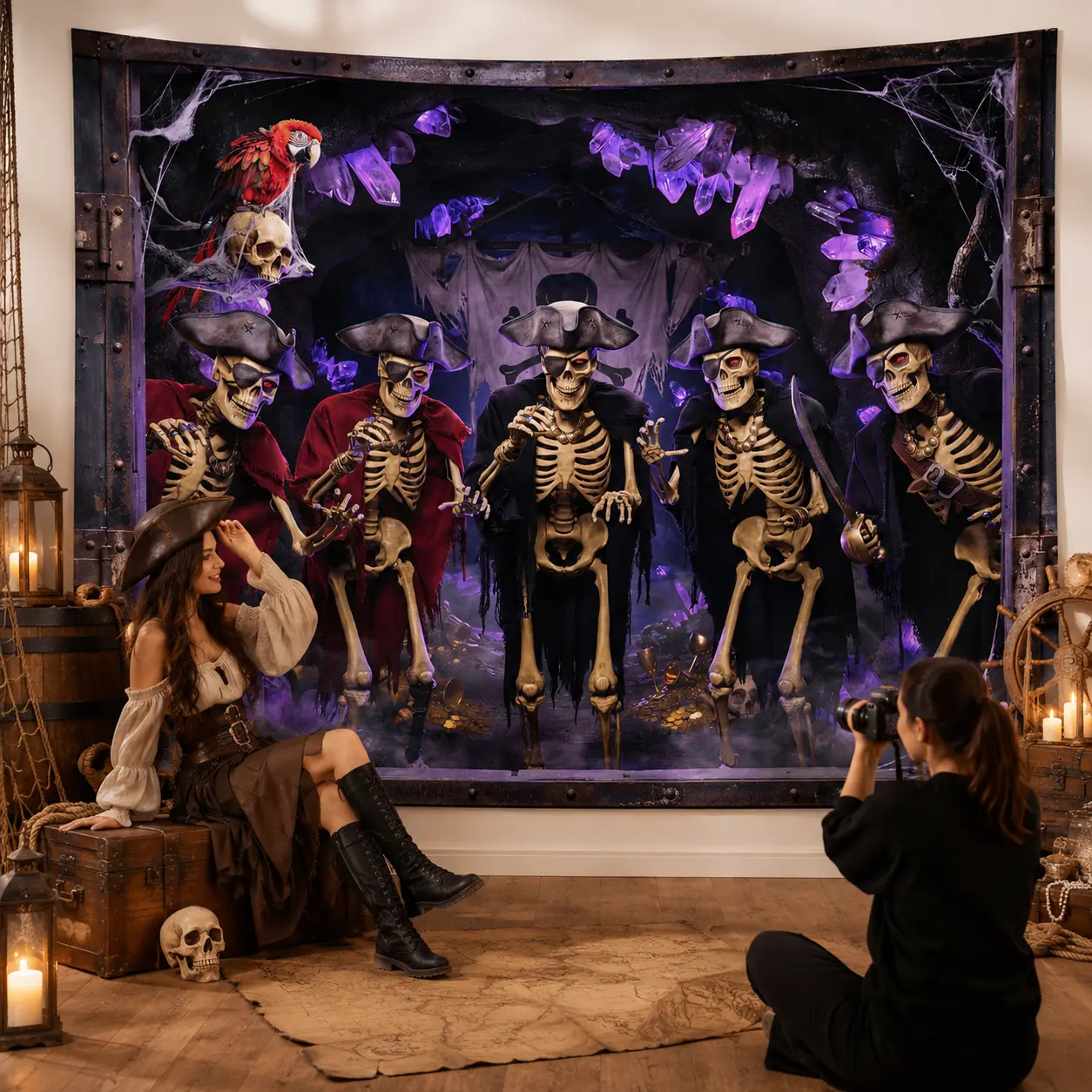 Gothic Theme Halloween Wall Tapestry, Hangable Large Format Polyester Backdrop, Skeleton Pirate Castle Photo Props for Home Party & Video Shooting Spooky Fantasy Decoration, Room