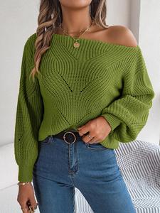 women's simple style hollow out bishop sleeve longsleeves sweater, lady minimalist comfort soft asymmetrical neck long sleeve pullover, womenswear, casual elegance knitwear for fall & winter, fall clothes