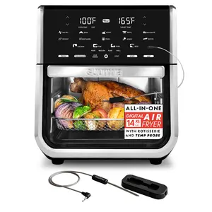 Gourmia All-in-One Air Fryer Rotisserie Oven 14 Qt Large Capacity with One-Touch Cooking Presets Assisted Temperature Probe Quick View Window & Rotisserie Set