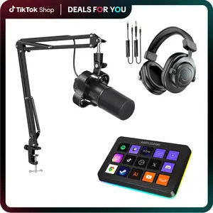 FIFINE Podcast Streaming Bundle Kit,  K688 Podcast Dynamic Microphone + H8 Monitoring Headphones + D6 Stream Controller