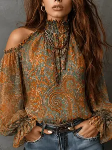 Women's Vintage Off-Shoulder Paisley Pattern Shirt Top, Elegant Retro Design, Perfect for Casual & Formal Wear, Unique Fashion Piece