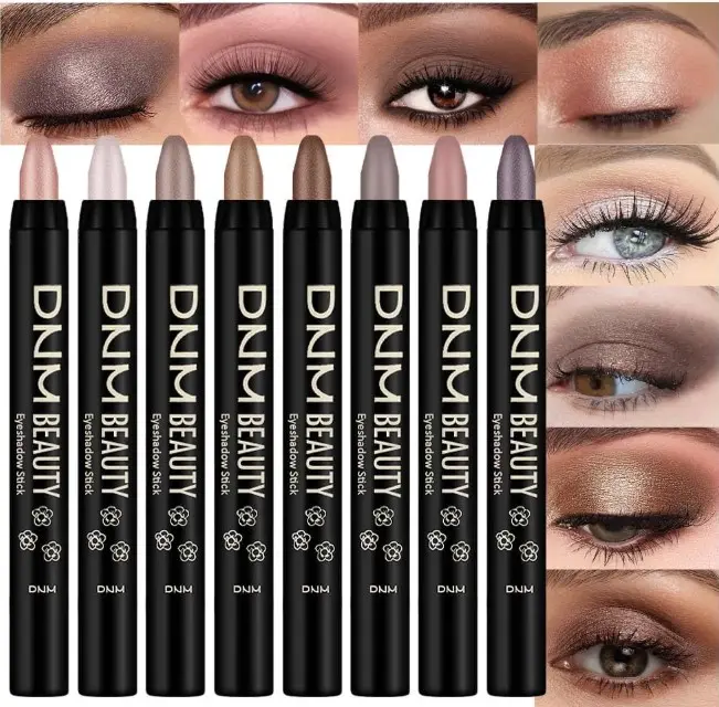 8Pcs Cream Eye Shadow Brightener Stick Makeup Set, Champagne Pearl Taupe Bronze Cocoa Stone Putty Smoky Amethyst Shimmer Matte Eyeshadow Eyeliner Pencil Applicator Stick Palette Makeup for Older Women