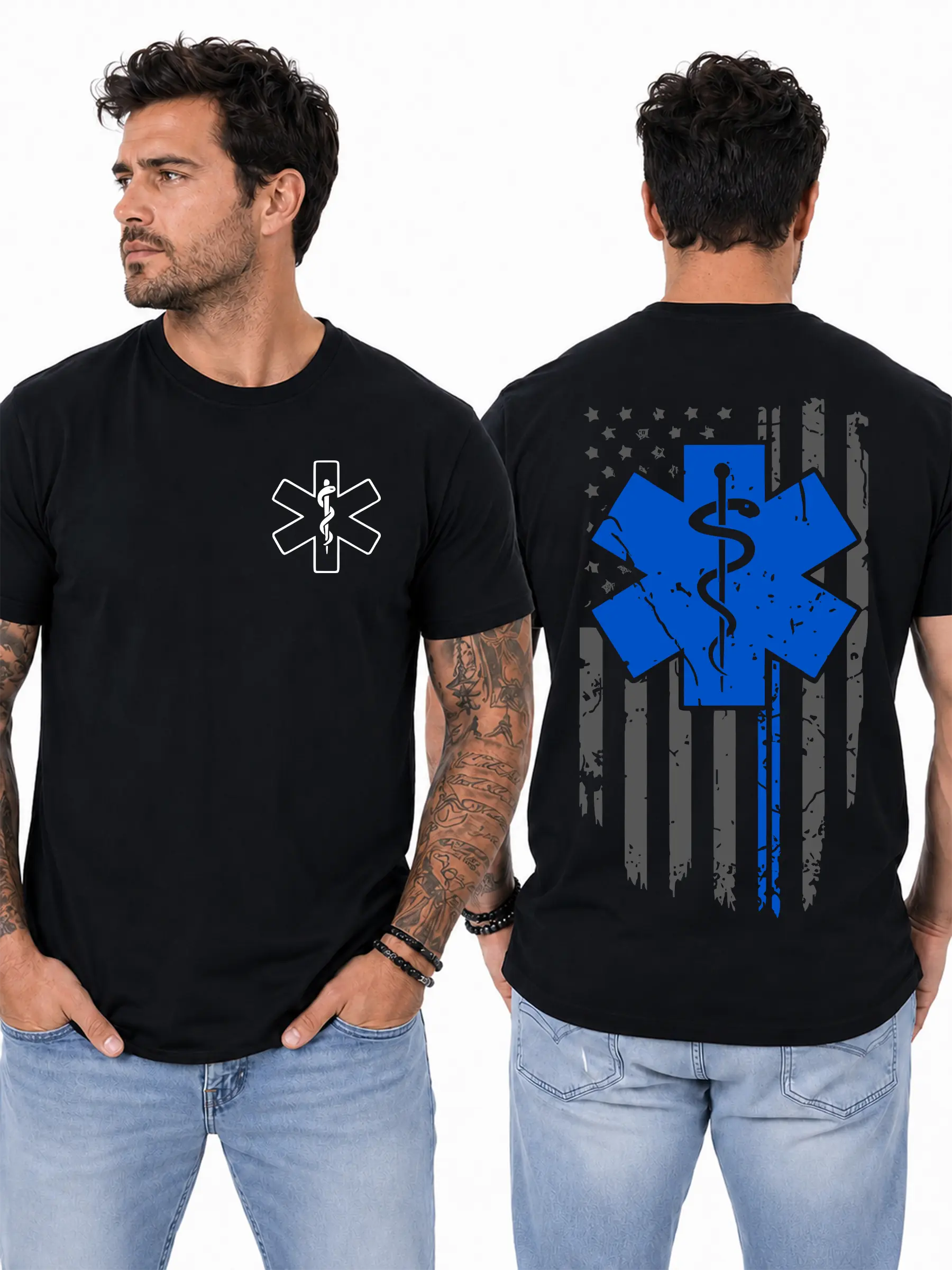EMT Star of Life Flag T-Shirt, Thin Blue Line American Flag Graphic, PulseWear EMS Pride Graphic Shirt, For EMTs & Paramedics, Gift for First Responders & Healthcare Heroes Design