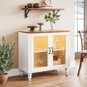 Modern Cupboard Furniture - Buffet Sideboard with Sliding Interior LED Tempered Glass Doors, Shelves, Aesthetic Organization for Living Room, Boho Farmhouse Coffee Bar Credenza