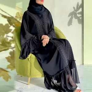 1963# Elegant Black Lace Abaya for Muslim Women | Premium Nida Fabric, Adjustable Waist Tie | Modest & Breathable Islamic Dress