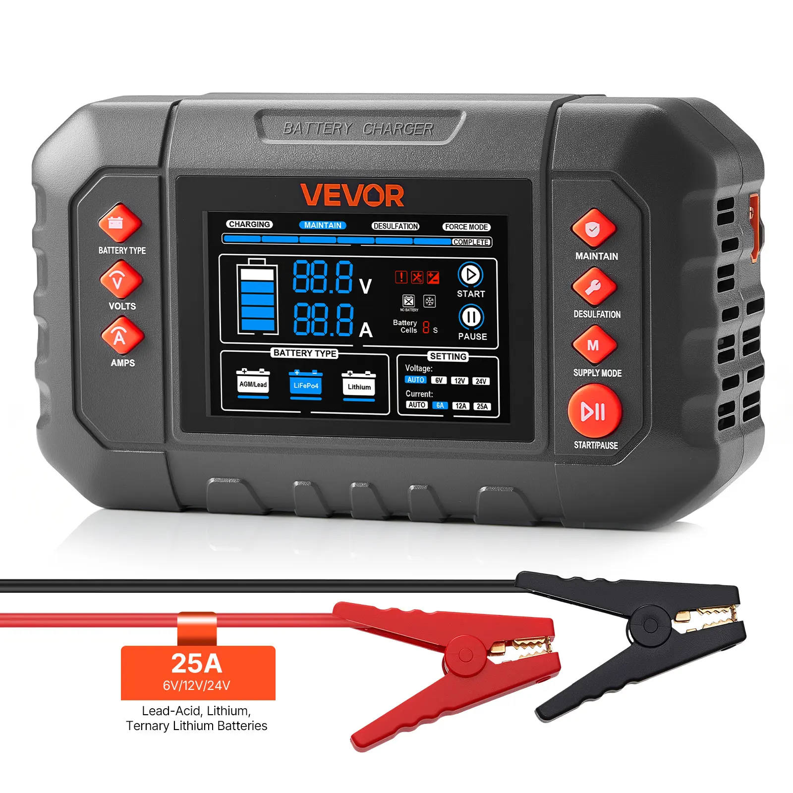 VEVOR 25A Smart Battery Charger Restorer Kit, 6V-12V-24V for Ternary Lithium-LiFePO4-Lead-Acid (Gel/AGM) Batteries, 3.4-in LCD Display, Trickle Charging Maintainer with Desulfation-Maintain-Force Modes, for Car, Lawn Mower, Vehicle