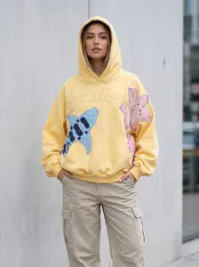 Y2K Oversized Hoodie: Vintage Yellow Floral Patchwork Embroidered Pullover – Casual Streetwear-Style Sweatshirt for Women