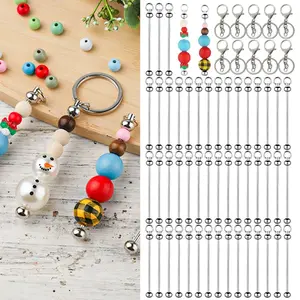 50 Packs Blank Beadable Keychain Bars with 10Pcs Hanging Loops, Metal DIY Bead Keychain Bar Charms Detachable Key Chain Making Accessories for Craft Project Pendant