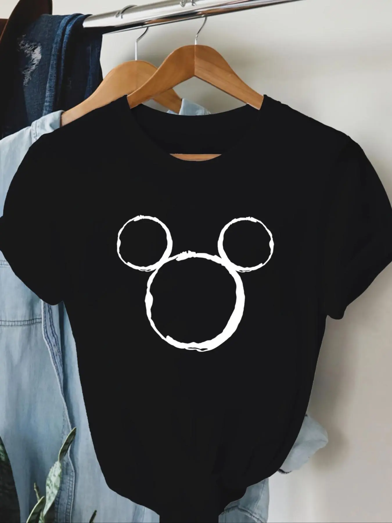 Women's Mickey Mouse Head Print Round Neck Tee, Fashion Casual Crew Neck T-Shirt for Daily Holiday Vacation Outdoor Wear, Ladies Clothes for Summer, Tops