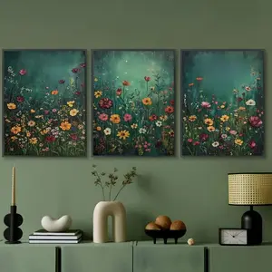 3pcs Vintage Wildflower Canvas Poster Set, Wooden Frame Wall Art Prints, Modern Home Decor for Living Room & Bedroom, Decorative Artwork, Gift Idea