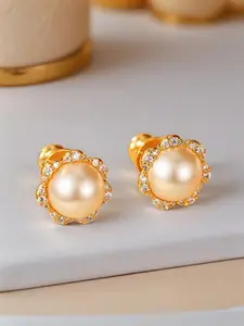 Women's Hypoallergenic Classic Champagne Pearl Stud Earrings, Gold Plated Flower Halo Rhinestone Inlaid Dainty Timeless Earrings, Fashion Jewelry for Everyday Wear Office Wedding & Gift