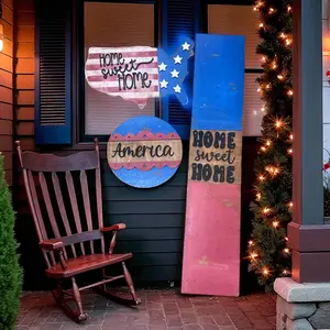 Patriotic Wooden Round Hangable Signs Set - Porch Leaner, Door Hanger for U.S. Home Decor, Wedding Use