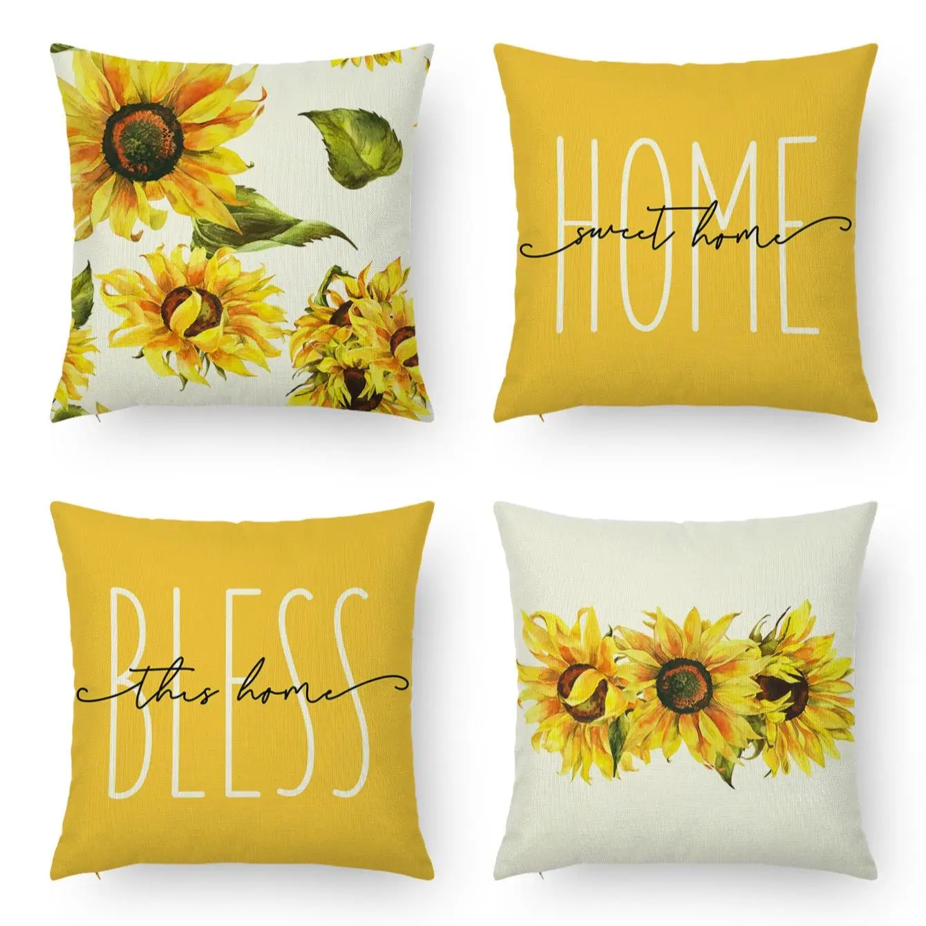 Sunflower & Letter Pattern Pillow Case, 4 Counts/set Summer Square Pillow Cover without Filler, Decorative Cushion Cover for Home Sofa Bed Car, Home D