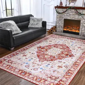 Washable Living Room Rug Non Slip Low Pile Vintage Floral Print Accent Carpets for Office Home Floor Carpet room decor Bohemian Farmhouse Series Soft Touch Anti-slip TPR Backing