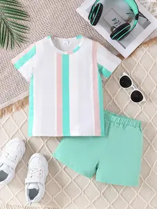 Boys' Striped Short Sleeve & Solid Shorts Set, Outfit, Breathable Skin-Friendly, Elastic Waist, Casual Toddler for Ages 2-7, Daily Wear & Outdoor Play, Striped Sets