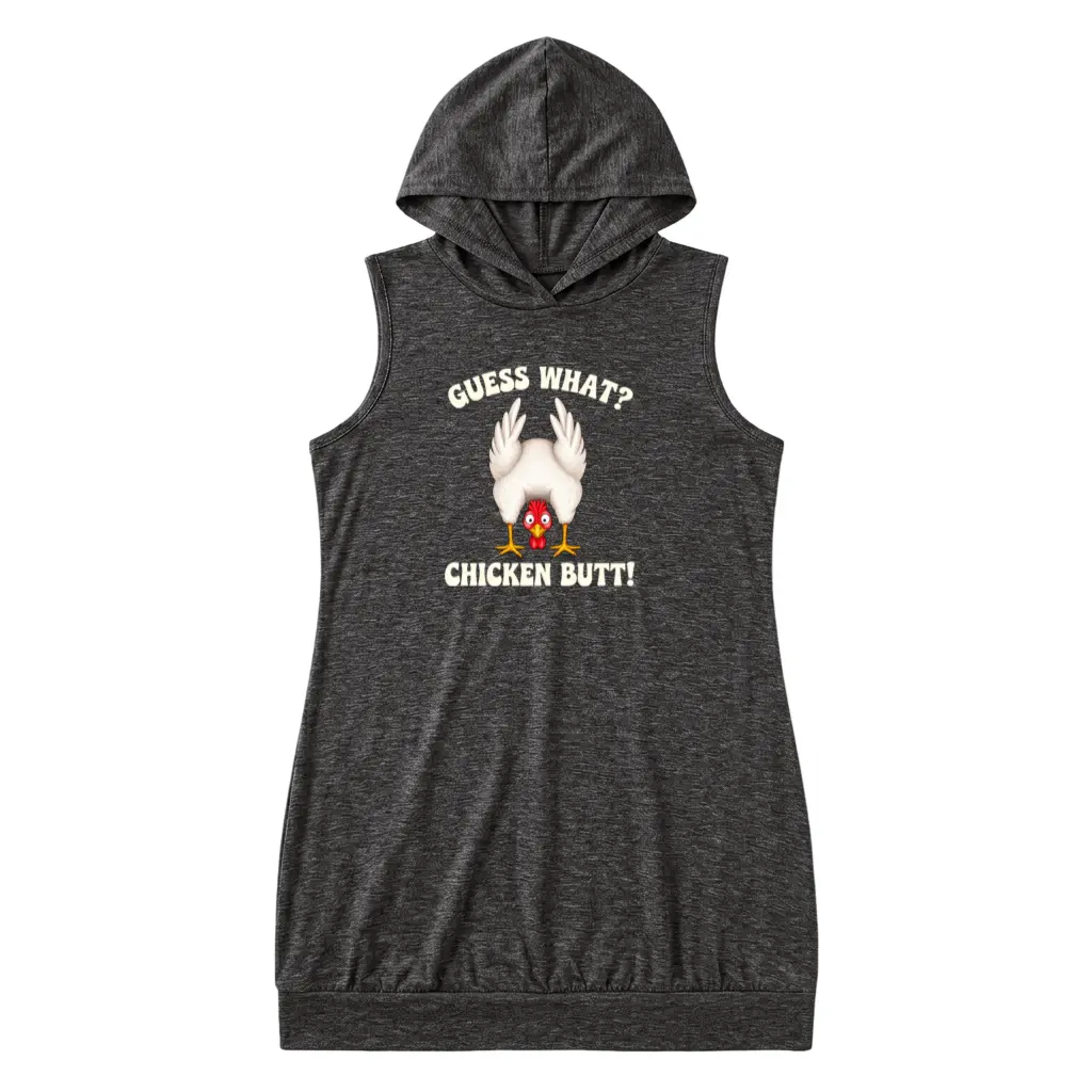 Funny Hooded Tank Dress with 'Guess What Chicken Butt' Print – Casual Unisex Party & Halloween Wear, Comfortable Everyday Graphic Tee