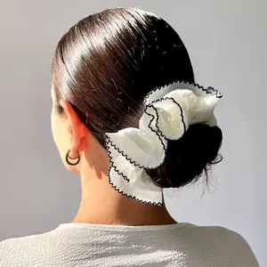 Eyelet Ruffle White Scrunchie with Pleated Chiffon Lace Trim Bun Holder Hair Tie Large Oversize Handmade Hair Accessories Gift for Girls Women