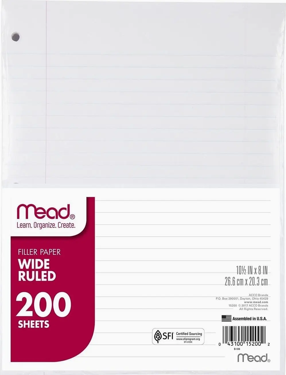 Mead Loose Leaf Paper, Wide Ruled Filler Notebook Paper, 8" x 10-1/2", 200 Sheets, Fits 3-Ring Binder (15200)