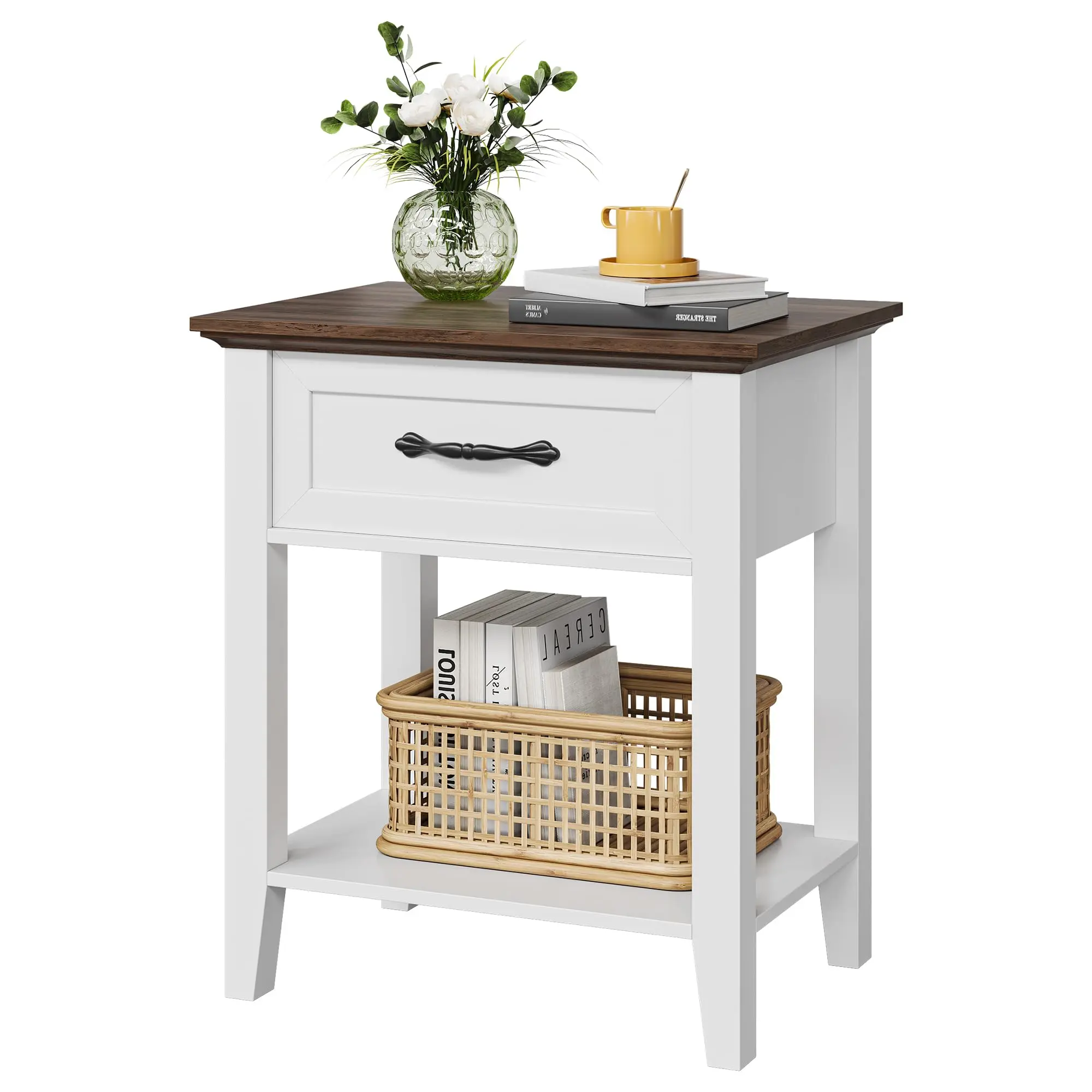 YJ-Garvee End Table with Drawer and 2-Tier Storage Shelves, versatile nightstand and side table for living room, bedroom, or dorm, single or set of 2 units