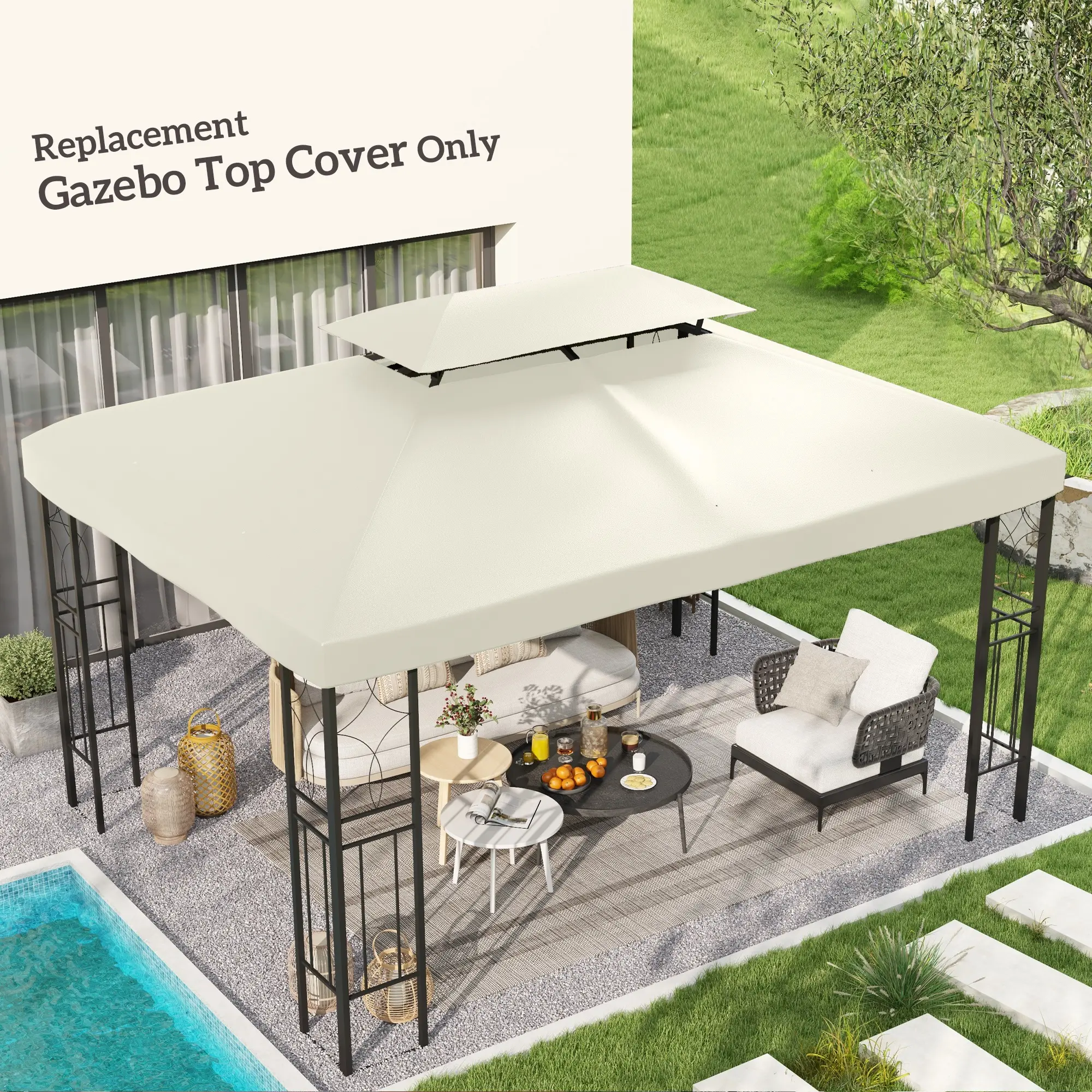 0'x13' Gazebo Replacement Canopy Top - 2-Tier Double Roof Cover, Reinforced Corners, UV-Resistant, Waterproof, Fade-Proof Charcoal Gray for Patio Shade Repair, Outdoor Living Space Upgrade