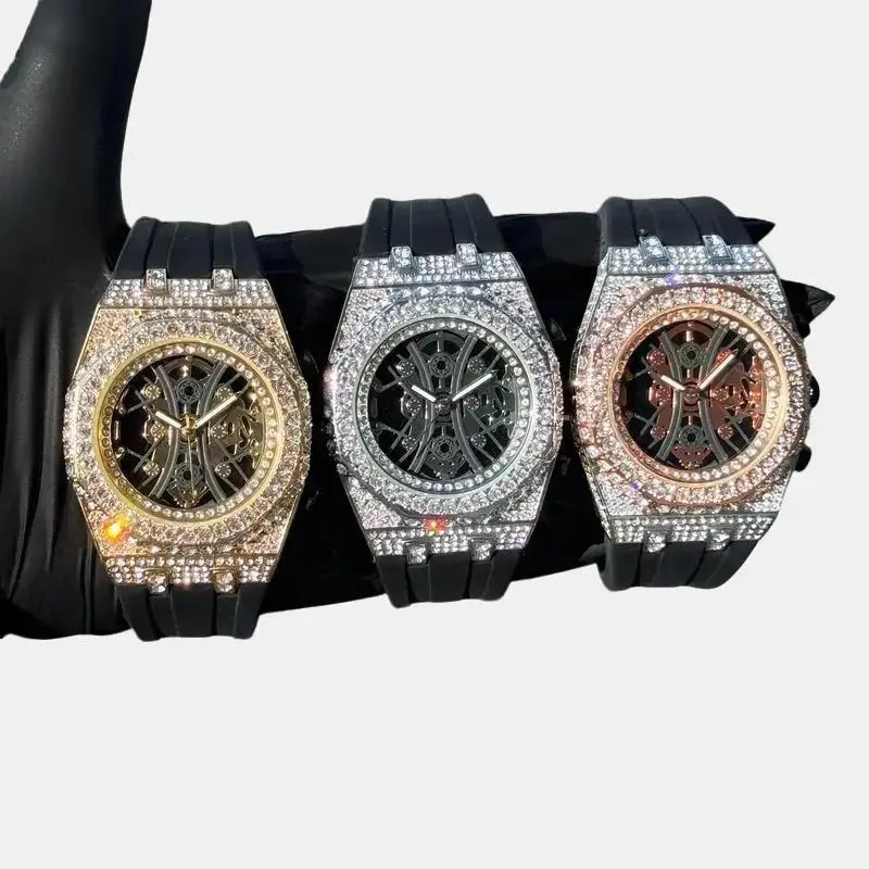 MaxBling81 Men's Luxurious Boujee Diamond-Set Quartz Wristwatch - 42mm Round Iced Bling Rapper Design, Skeleton Dial, Simulated Diamond Accents, Water-Resistant, Black Silicon Strap, Quartz Wristwatches, Boujee Quartz Watches