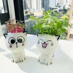 Cute Cat Ceramic Flower Pot, Creative Cartoon Seedling Plant Vase, DIY Desktop Mini Decorative Ornament, Home Garden Decoration