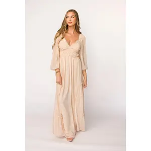 Daphne Long Sleeve Maxi Dress in Light Beige/White Floral - Bump Friendly