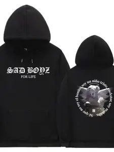 Junior H Sad Boyz 4 Life Graphic Print Hoodie, Unisex Casual Fitted Pullover, Hip Hop Loose Fit, Vintage Style, Fall & Winter