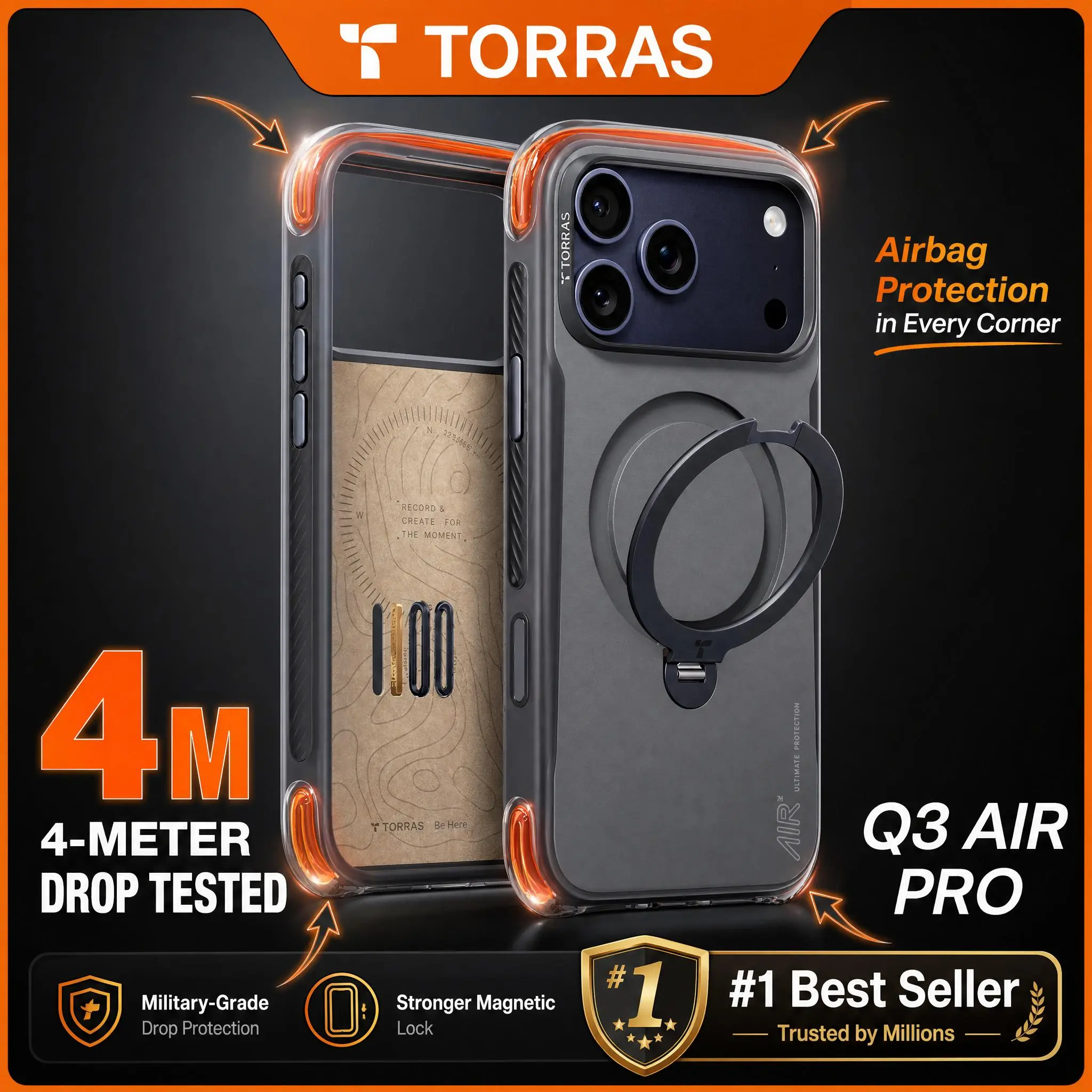 TORRAS Q3Air Pro for iPhone 17/16/15 Pro Max Case with 360° Ring Stand & Airbag Protection 4-Meter Anti-Fall Shockproof Cover