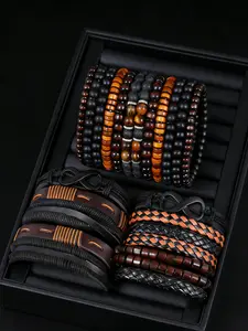 Fashion Street Style Braided Leather Tiger Eye Beaded Bracelet Set, Unisex Jewelry for Daily Wear, Perfect Gift for Friends and Family（no box）