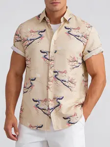 Men's Ethnic Style Casual Short Sleeve Shirt, Fitted Floral Print Summer Top, Comfortable Daily Wear for Spring & Fall