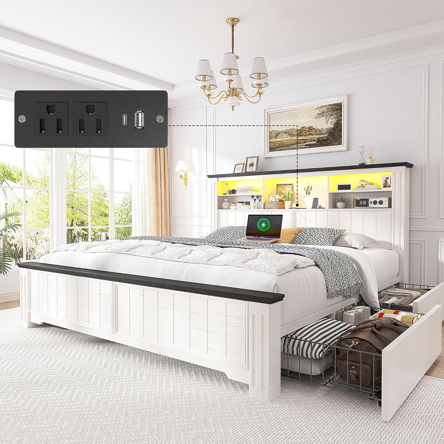 Raybee Full Queen King Bed Frame with 4 Storage Drawers,  LED and Charging Station,  Farmhouse Bed Frame with Headboard and Metal Slats, Holds 900LBS, Noise-Free