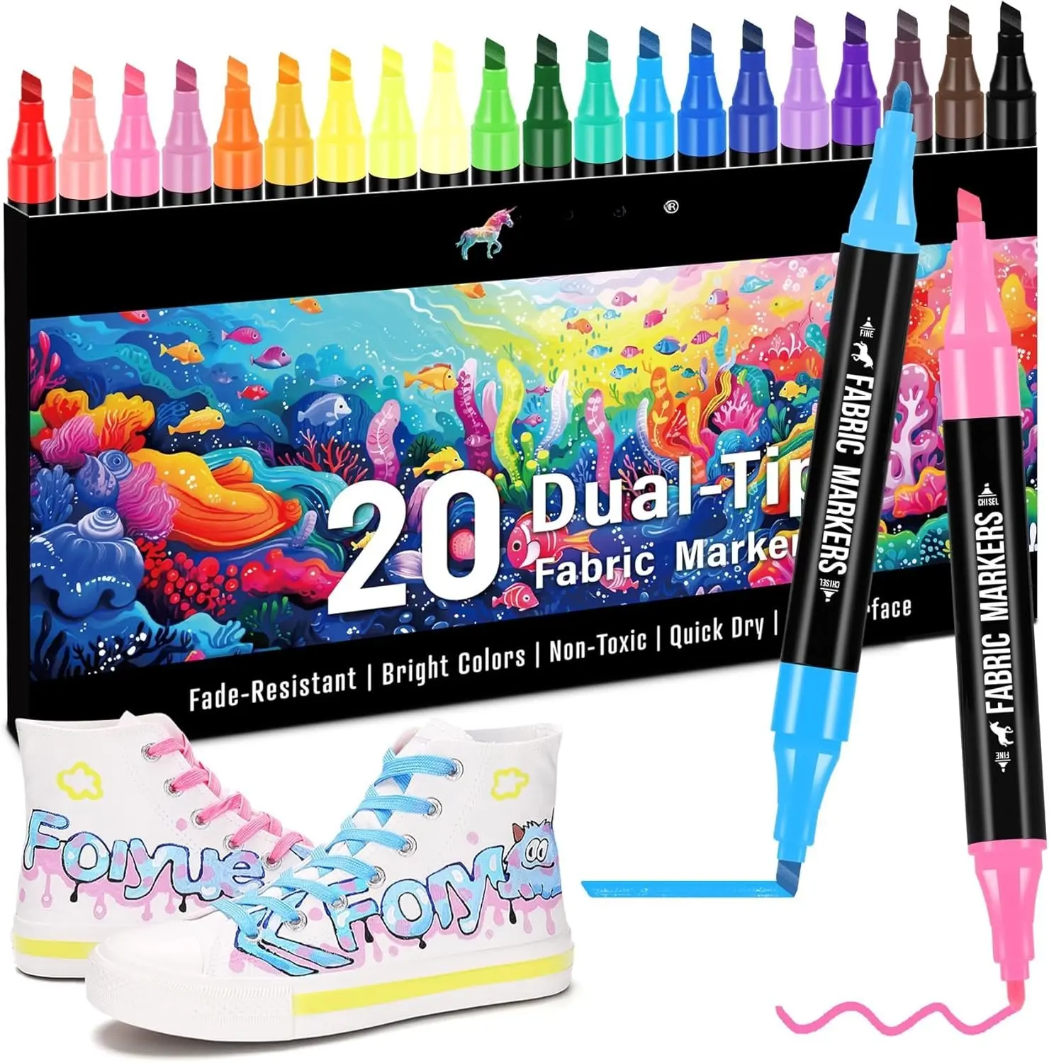 Fabric Markers Permanent for Clothes, 20 Colors Dual Tip with Fine and Chisel Tips  Pens for Clothing Canvas Tote Bags T-Shirt and Shoes, Non  Ink for  and Adults
