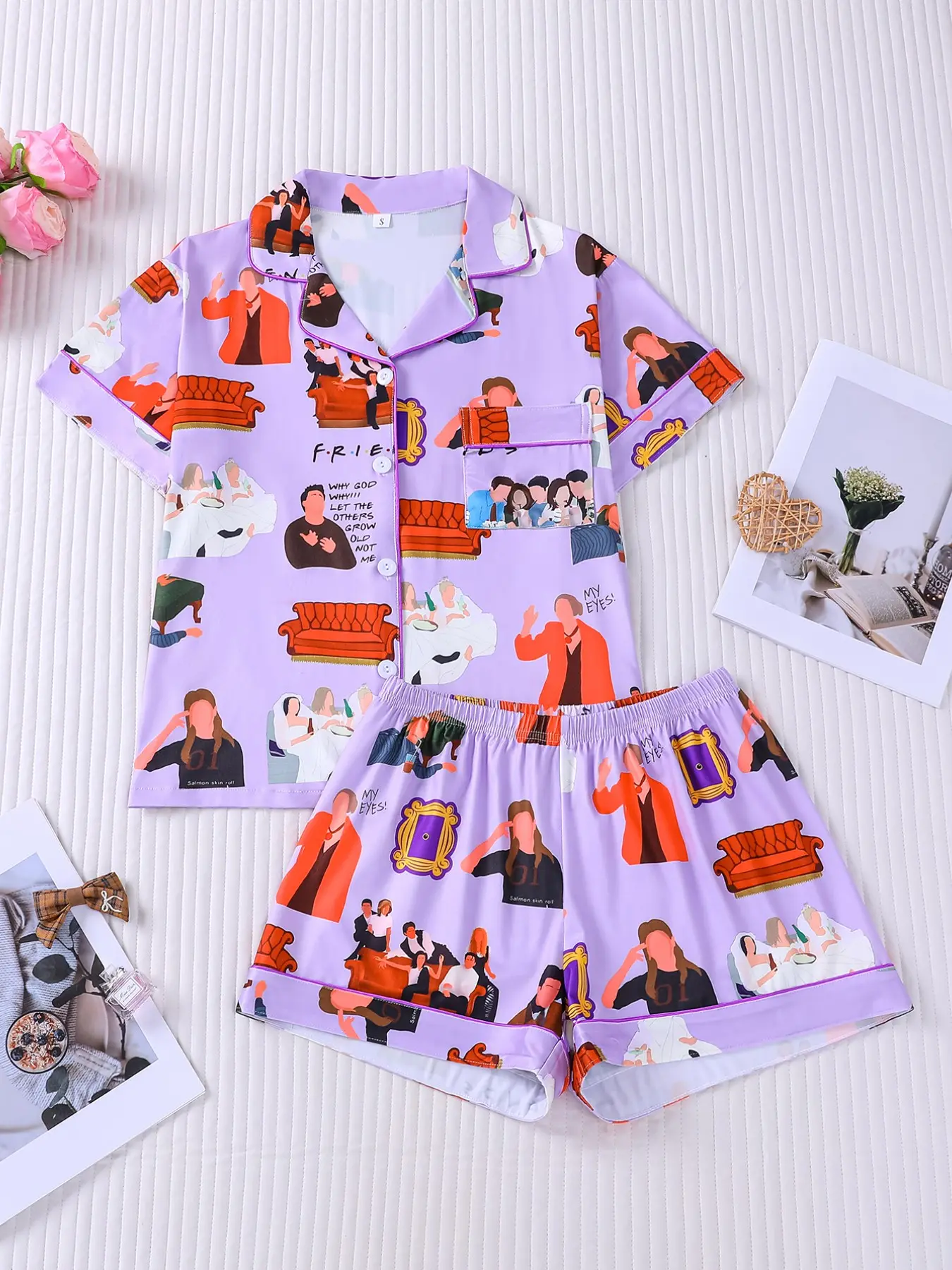 Women's 2-Piece Friends TV Show Pajama Set, Classic Character Print Short Sleeve Button-Down Top with Pocket and Elastic Waist Shorts, Soft Comfy Everyday All-Season Loungewear Sleepwear Sets