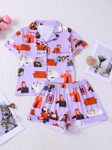 Women's 2-Piece Friends TV Show Pajama Set, Light Purple Classic TV Series Character Print Short Sleeve Button-Down Top with Pocket & Elastic Waist Shorts, Soft Comfy All-Season Casual Sleepwear Loungewear for Home Daily Wear