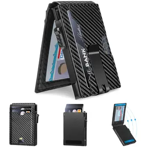 Minimalist Wallet for Men,Aluminum Pop-Up Card Case with Money Clip,Slim RFID Blocking Bifold Wallet Credit Card Holder with Gift Box