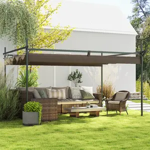 10' x 13' Metal Retractable Pergola Canopy – Brown. 180g PA-Coated UPF30+ Splashproof Fabric. Slide Back & Forth for Sun/Airflow Control. Powder-Coated Steel Frame. Stakes & Screws