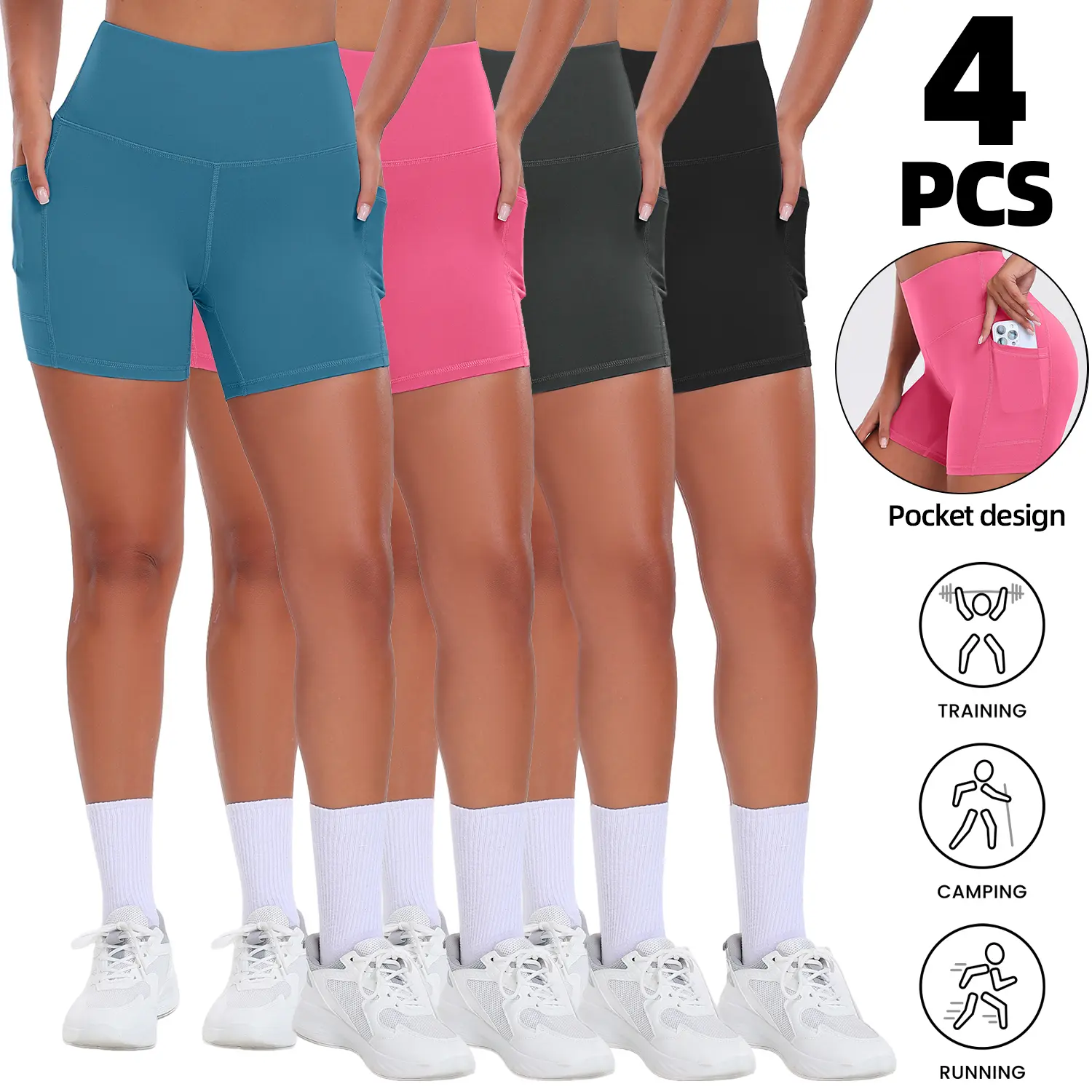 4 Pack Women's Breathable Workout Shorts, High-Waisted 5-inch Biker Shorts with Pockets and Tummy Control for Gym, Running & Yoga, Women's Clothes, Athletic Style Women's Sports Shorts