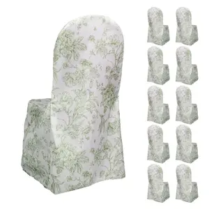 10 Pack Polyester Chair Covers  for Banquet Chairs – White Dusty Sage Green French Toile Pattern, Reusable Stain-Resistant Slip-On Slipcovers