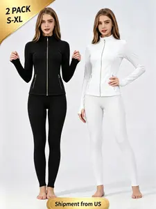 2PCS Women Soft Brushed Sports Jacket, Golden Zip Long Sleeve Coat With Thumbholes & Zipper Pockets, Buttery Soft Breathable Skin-Friendly Casual Outerwear For Daily Workout